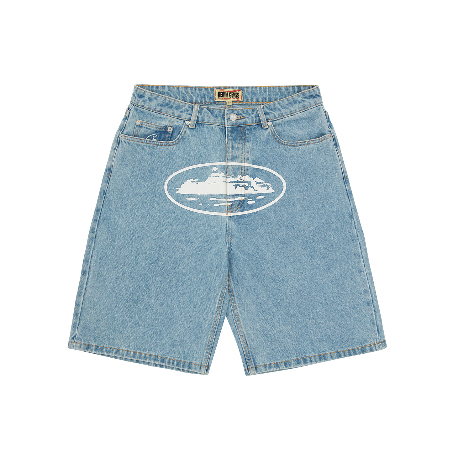 Corteiz Blue Cotton Denim Shorts, Stonewash, front view showing straight leg fit and Alcatraz logo on the crotch