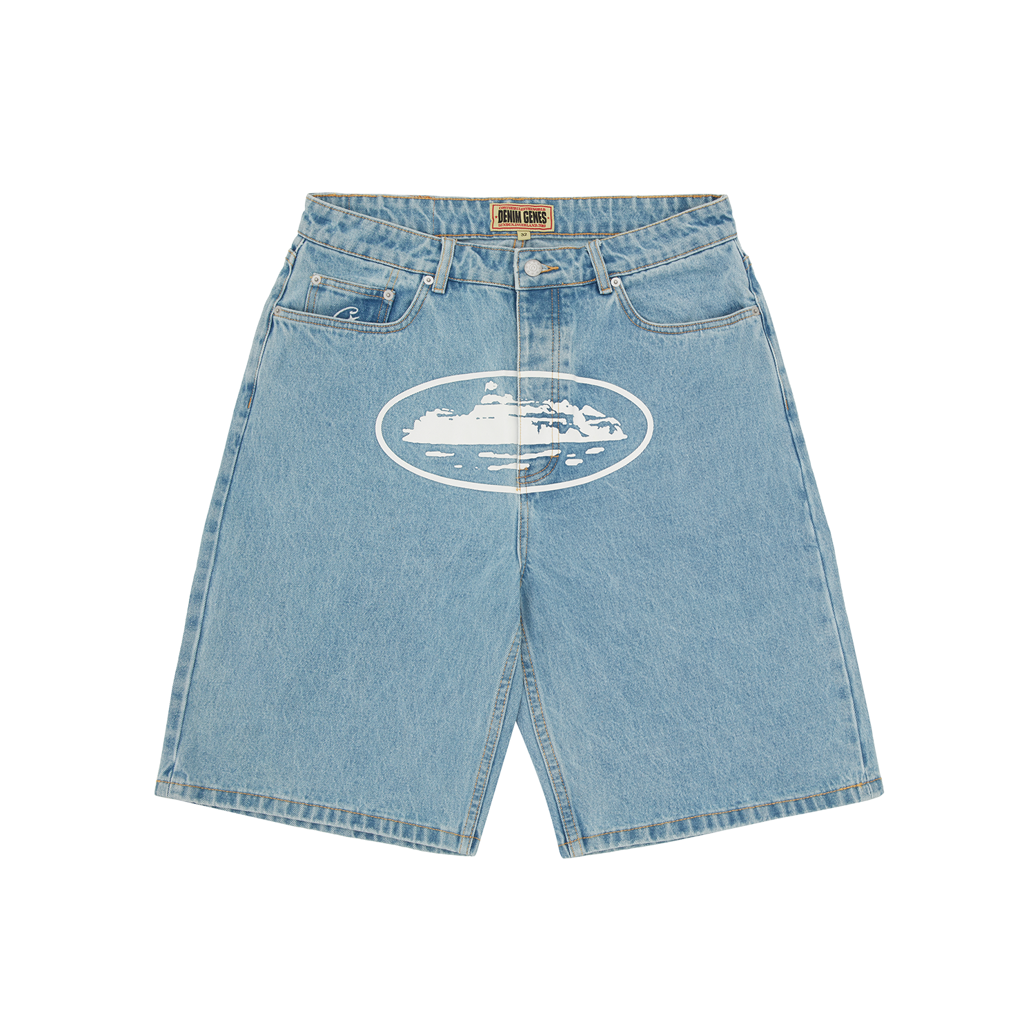 Corteiz Blue Cotton Denim Shorts, Stonewash, front view showing straight leg fit and Alcatraz logo on the crotch