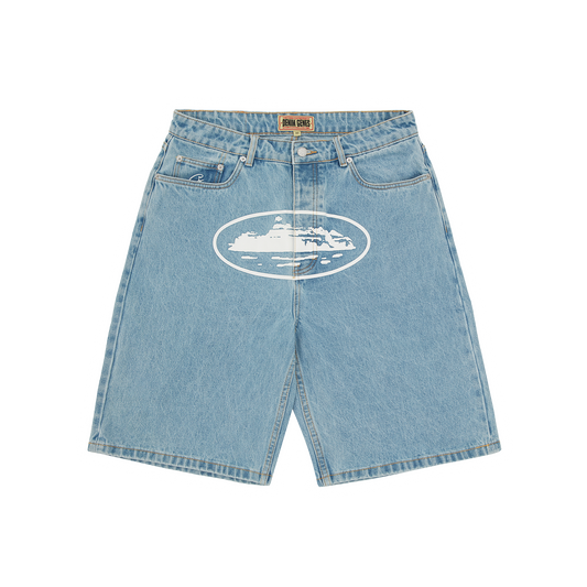 Corteiz Blue Cotton Denim Shorts, Stonewash, front view showing straight leg fit and Alcatraz logo on the crotch