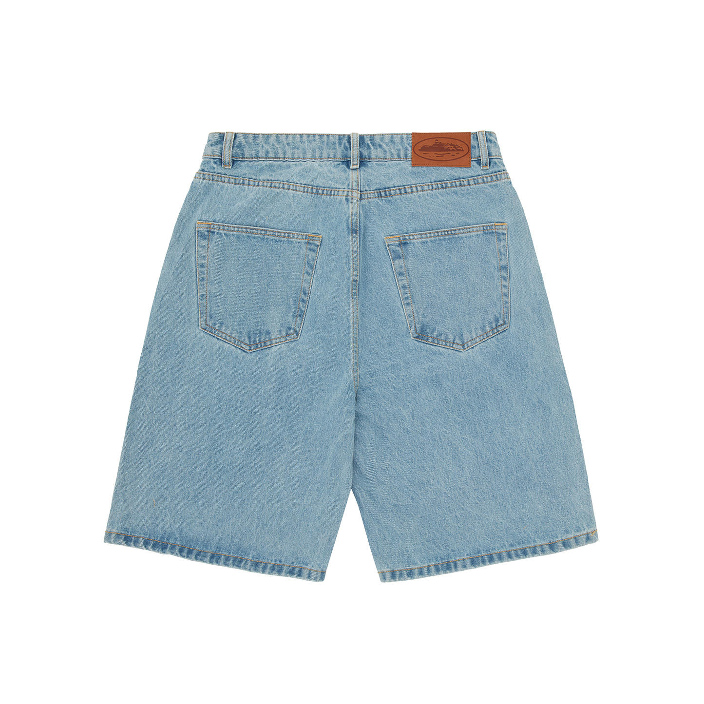 Corteiz Blue Cotton Denim Shorts, Stonewash, back view showing rear patch and coin pocket detail