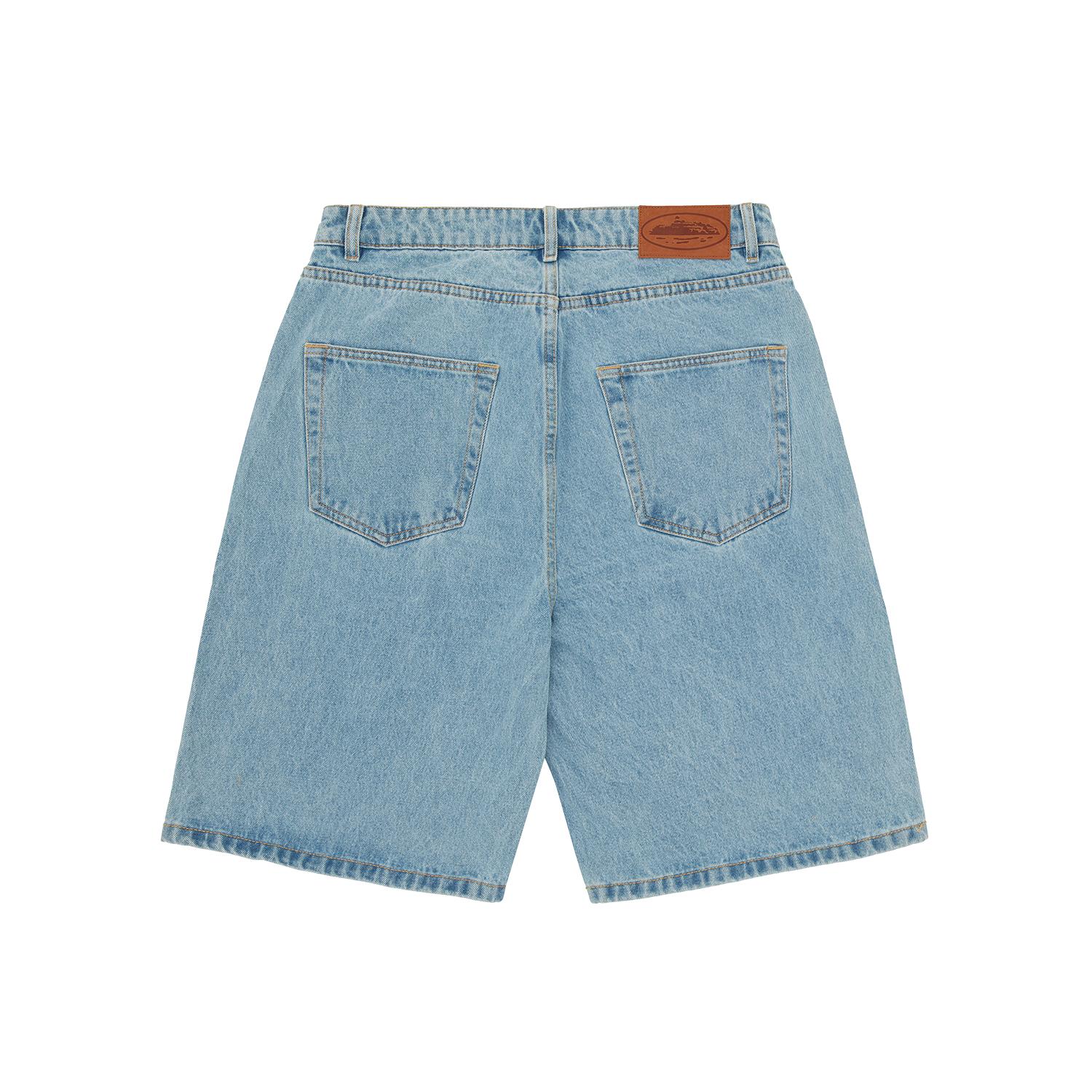 Corteiz Blue Cotton Denim Shorts, Stonewash, back view showing rear patch and coin pocket detail