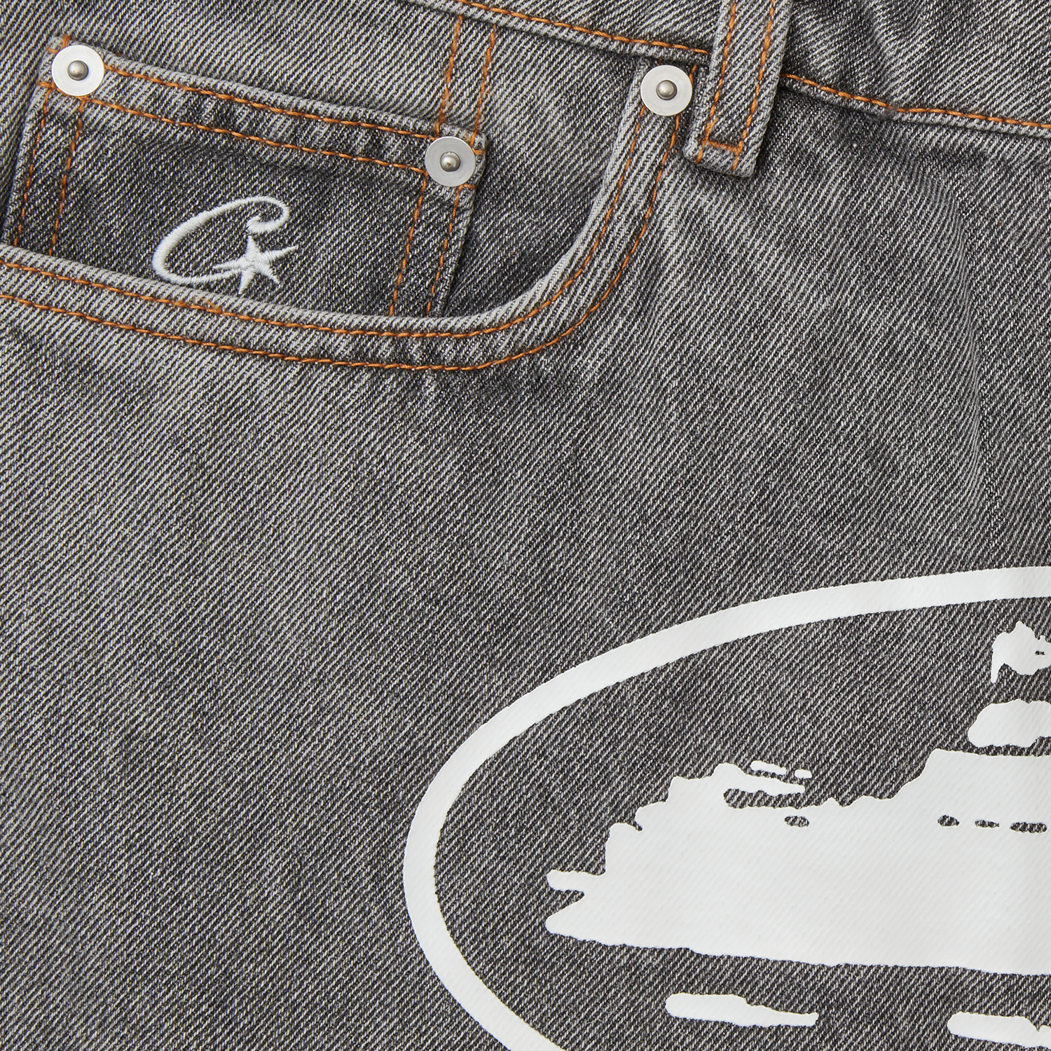 Corteiz Grey Cotton Denim Shorts, Light Grey, close-up of C-Star shank button and denim texture