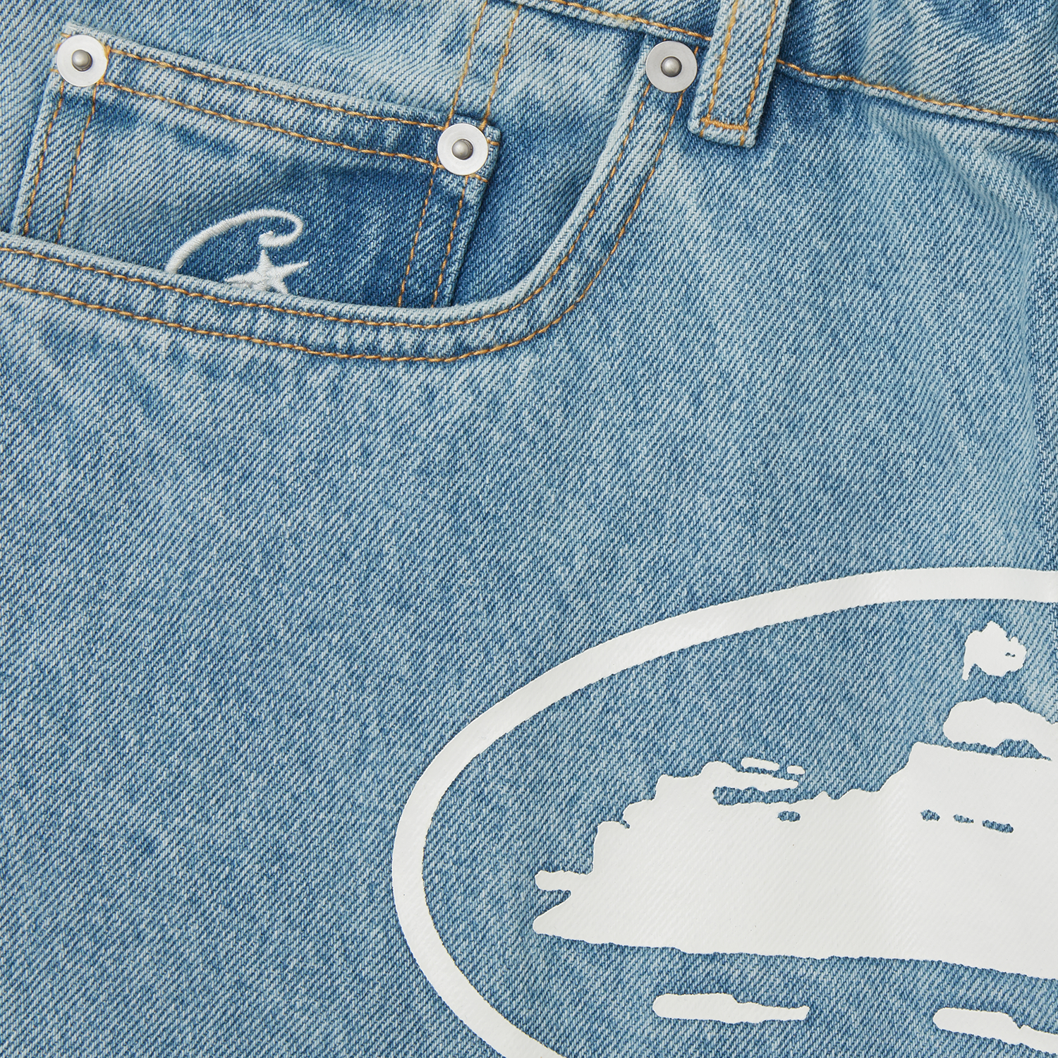 Corteiz Blue Cotton Denim Shorts, Stonewash, close-up of C-Star shank button and denim texture