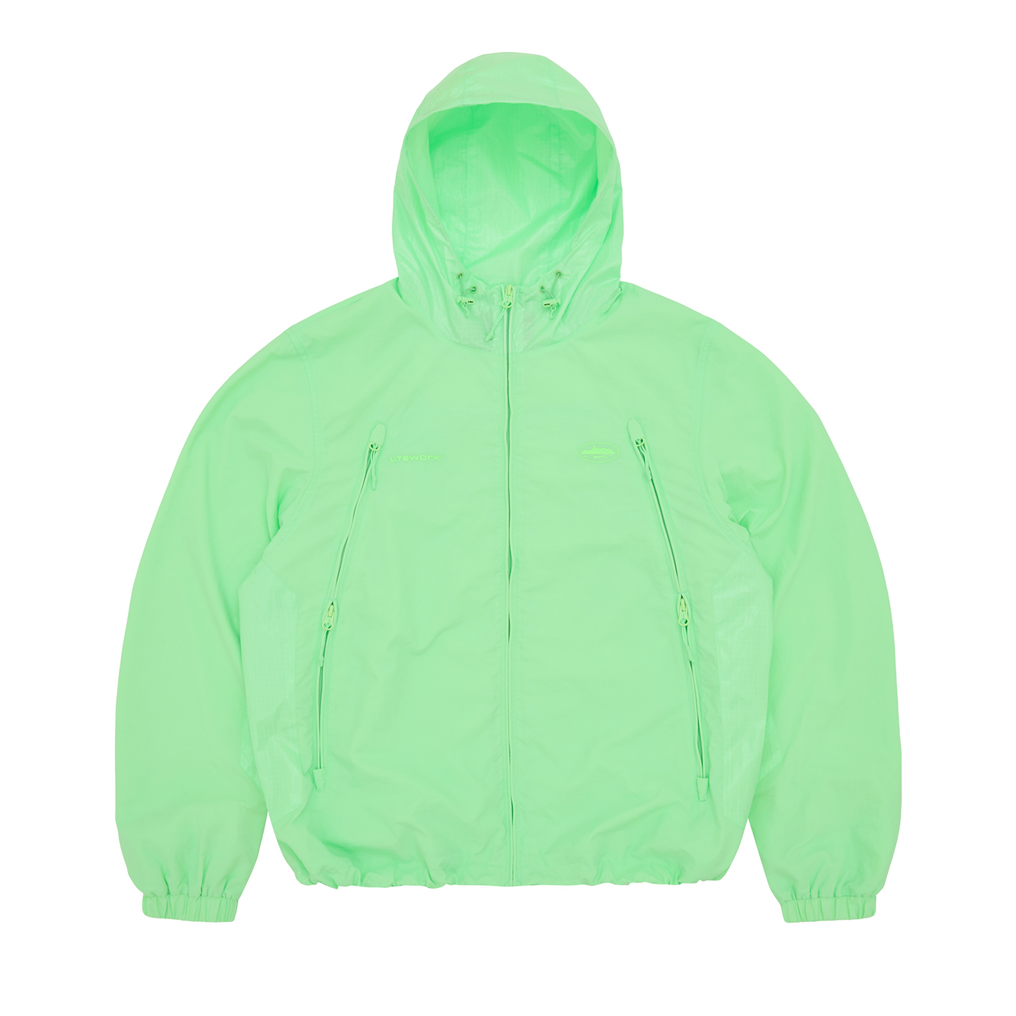 Corteiz Green Nylon Litework Quattro Jacket, front view showing contrast ripstop hood