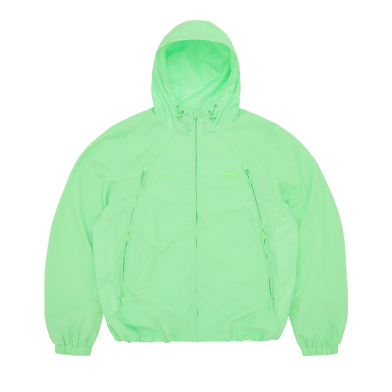 Corteiz Green Nylon Litework Quattro Jacket, front view showing contrast ripstop hood