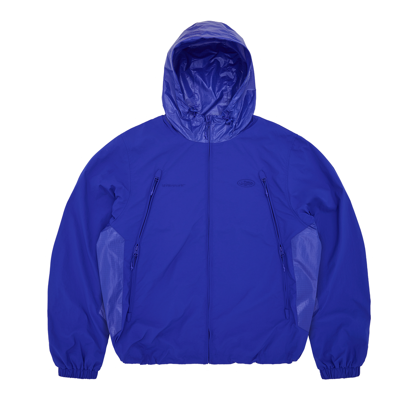 Corteiz Blue Nylon Litework Quattro Jacket, Royal Blue, front view showing contrast ripstop hood