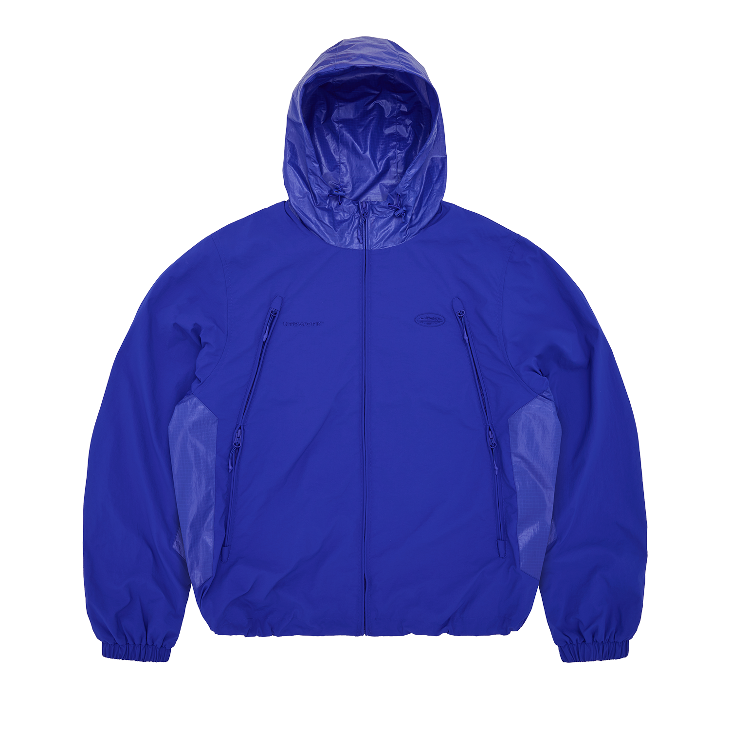 Corteiz Blue Nylon Litework Quattro Jacket, Royal Blue, front view showing contrast ripstop hood