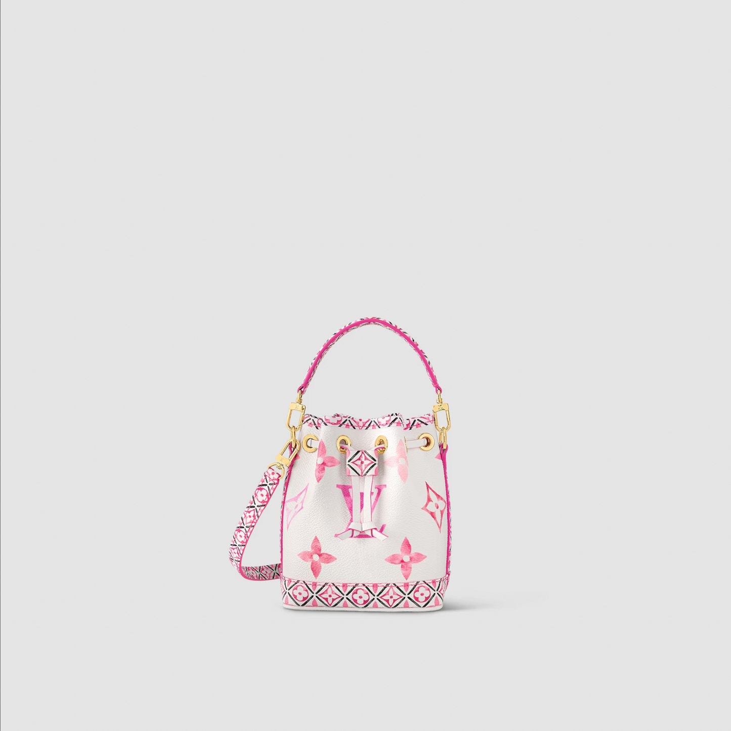 Handbag with pink and white design on a light gray background