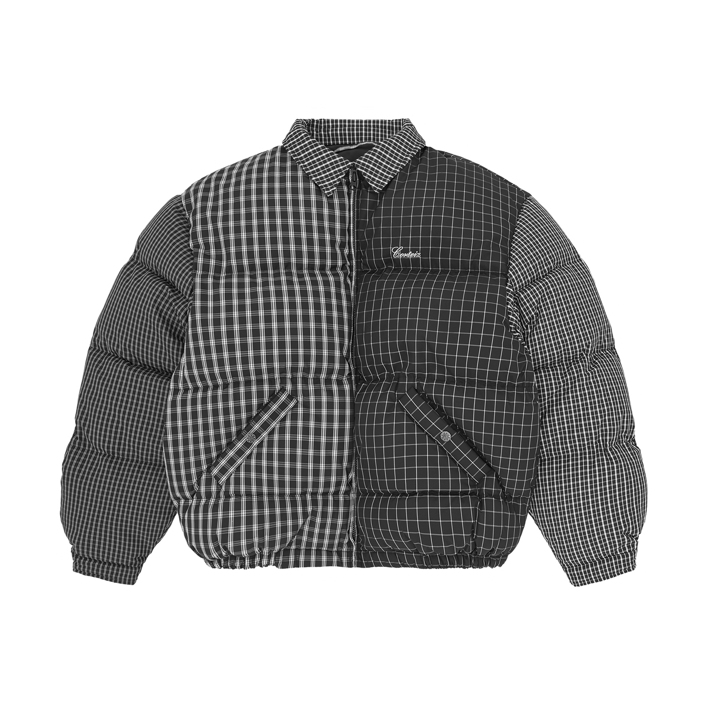 Corteiz Black Down Collar Bolo Jacket, Black Plaid, front view showing quilted plaid pattern