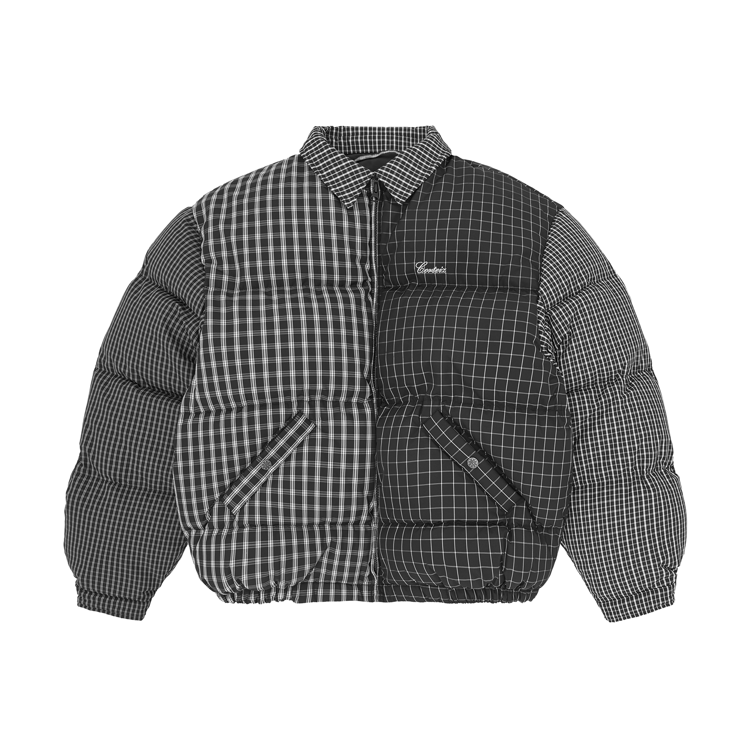 Corteiz Black Down Collar Bolo Jacket, Black Plaid, front view showing quilted plaid pattern