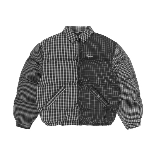 Corteiz Black Down Collar Bolo Jacket, Black Plaid, front view showing quilted plaid pattern