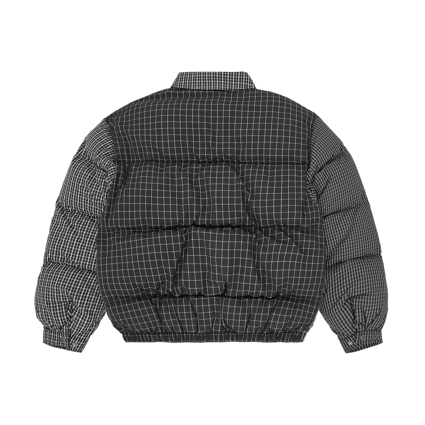 Corteiz Black Down Collar Bolo Jacket, Black Plaid, back view showing down fill construction