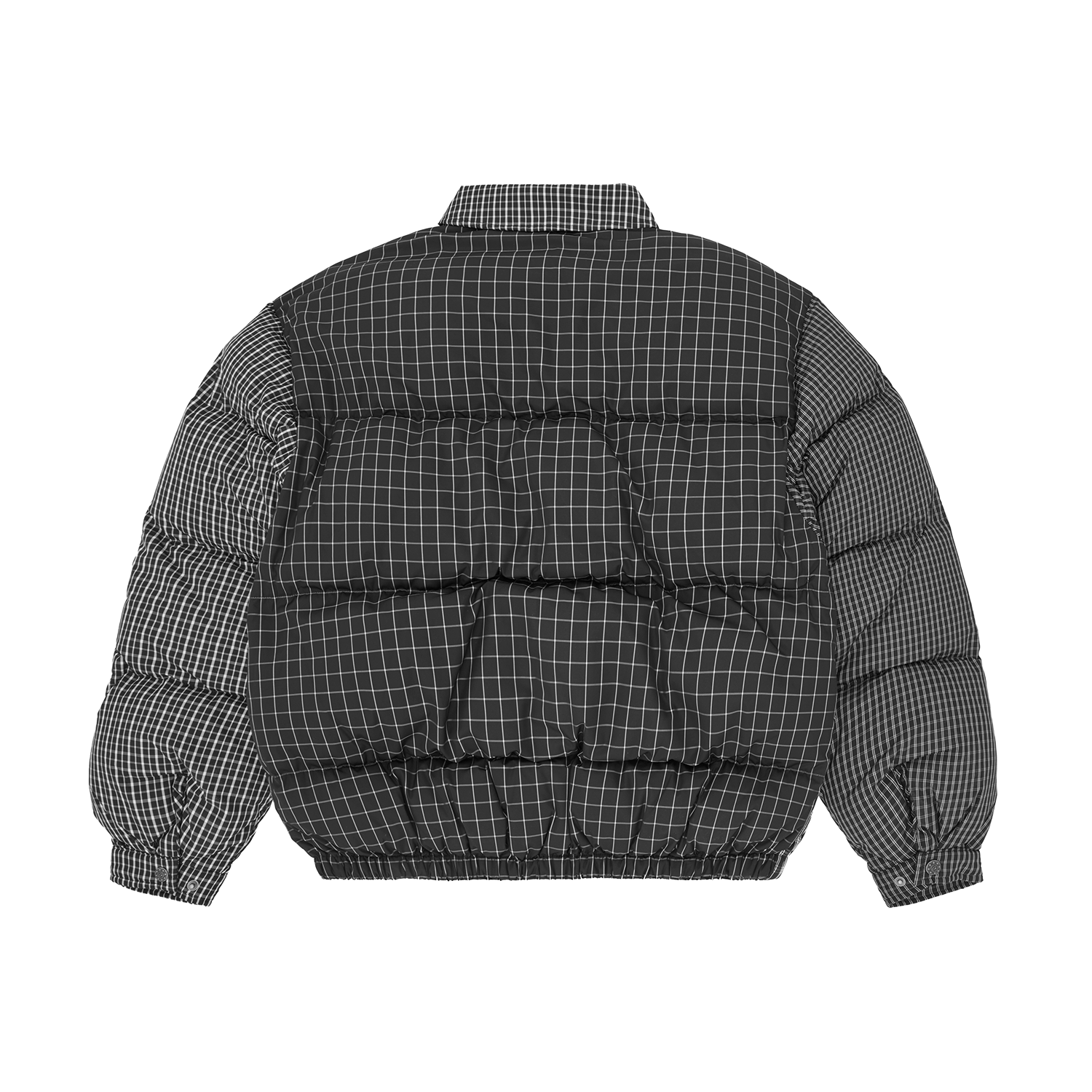 Corteiz Black Down Collar Bolo Jacket, Black Plaid, back view showing down fill construction