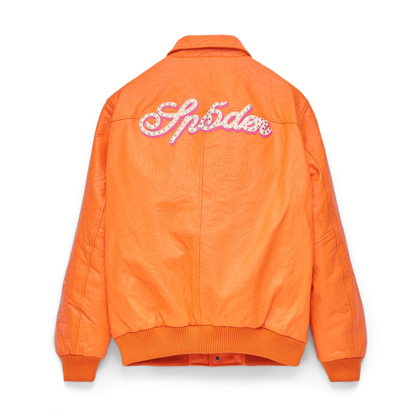 Back view of SP5DER Debossed Web Leather Jacket in Orange