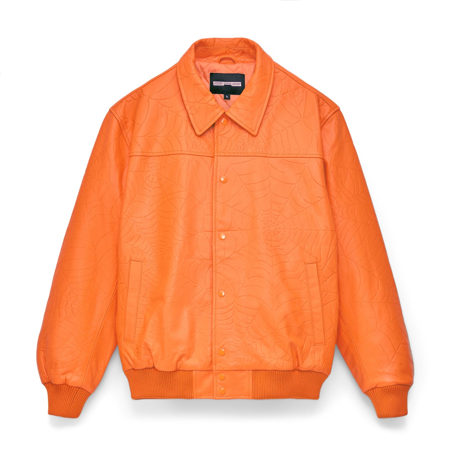Front view of SP5DER Debossed Web Leather Jacket in Orange
