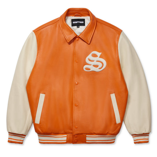 Front view of SP5DER Orange Leather Varsity Jacket