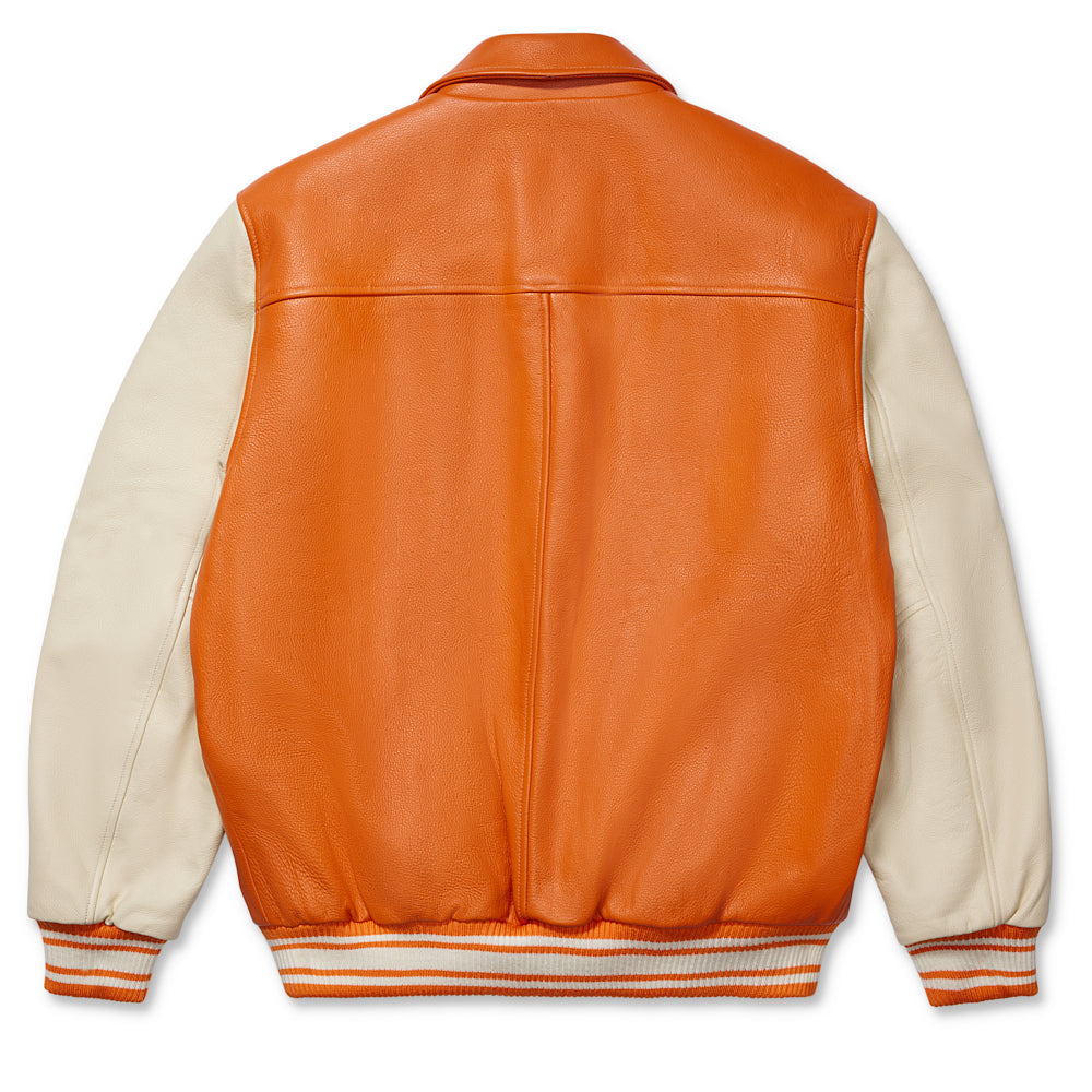 Back view of SP5DER Orange Leather Varsity Jacket