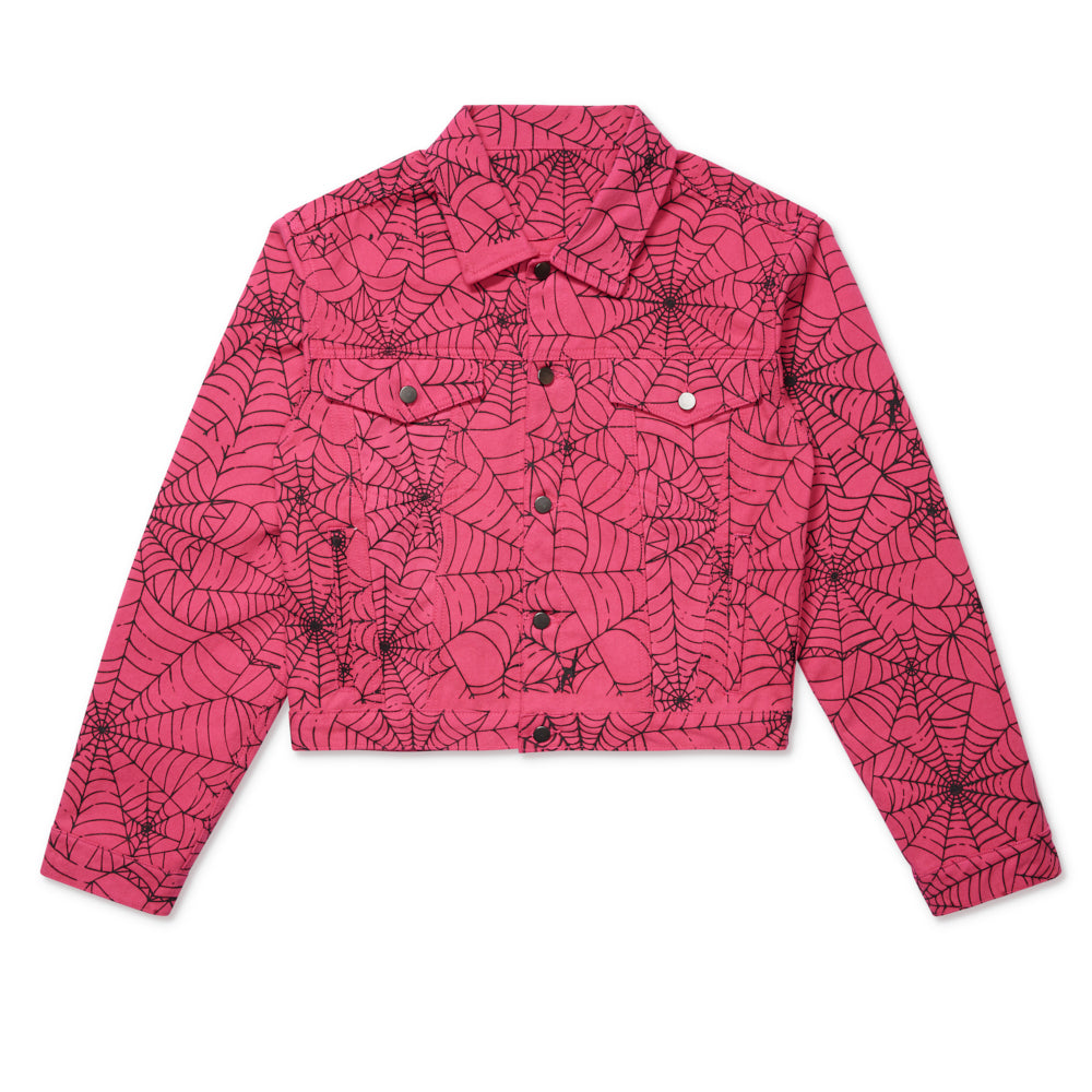 Front view of SP5DER Pink AOP Trucker Jacket
