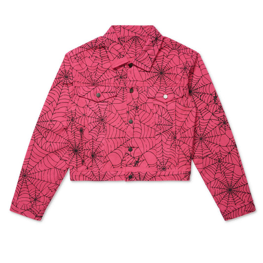Front view of SP5DER Pink AOP Trucker Jacket