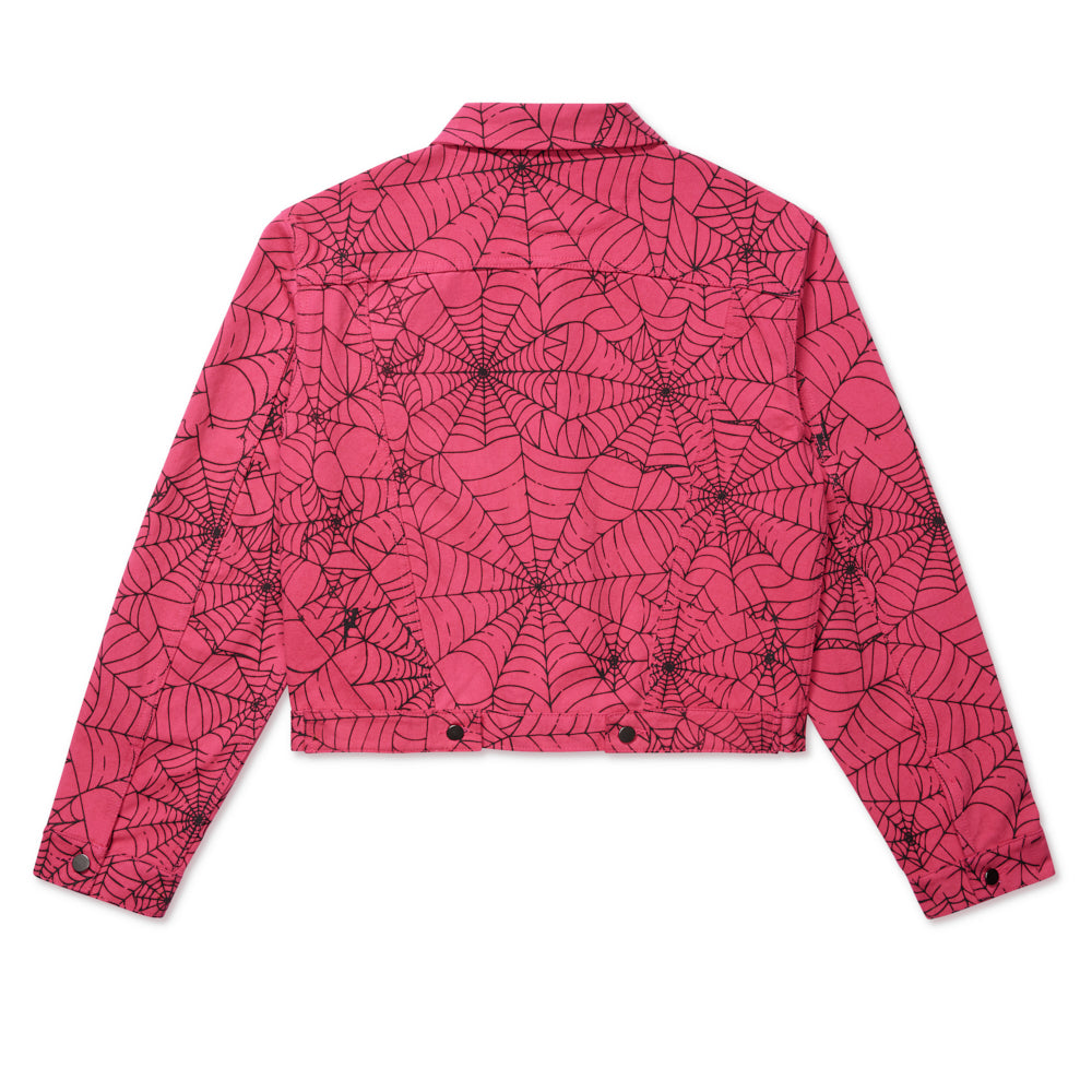 Back view of SP5DER Pink AOP Trucker Jacket