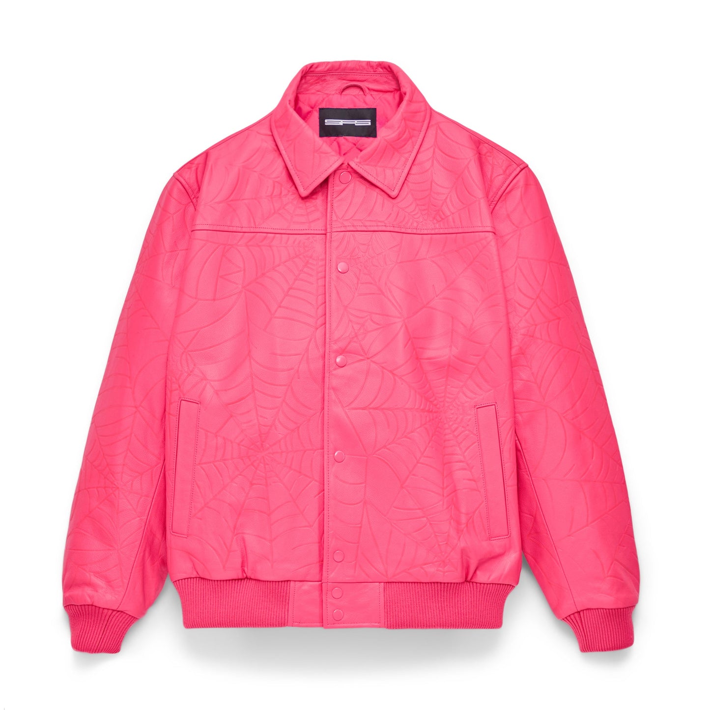 Front view of SP5DER Debossed Web Leather Jacket in Pink