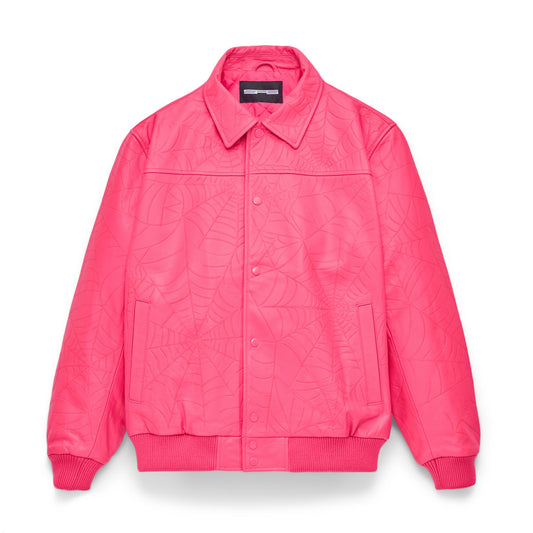 Front view of SP5DER Debossed Web Leather Jacket in Pink