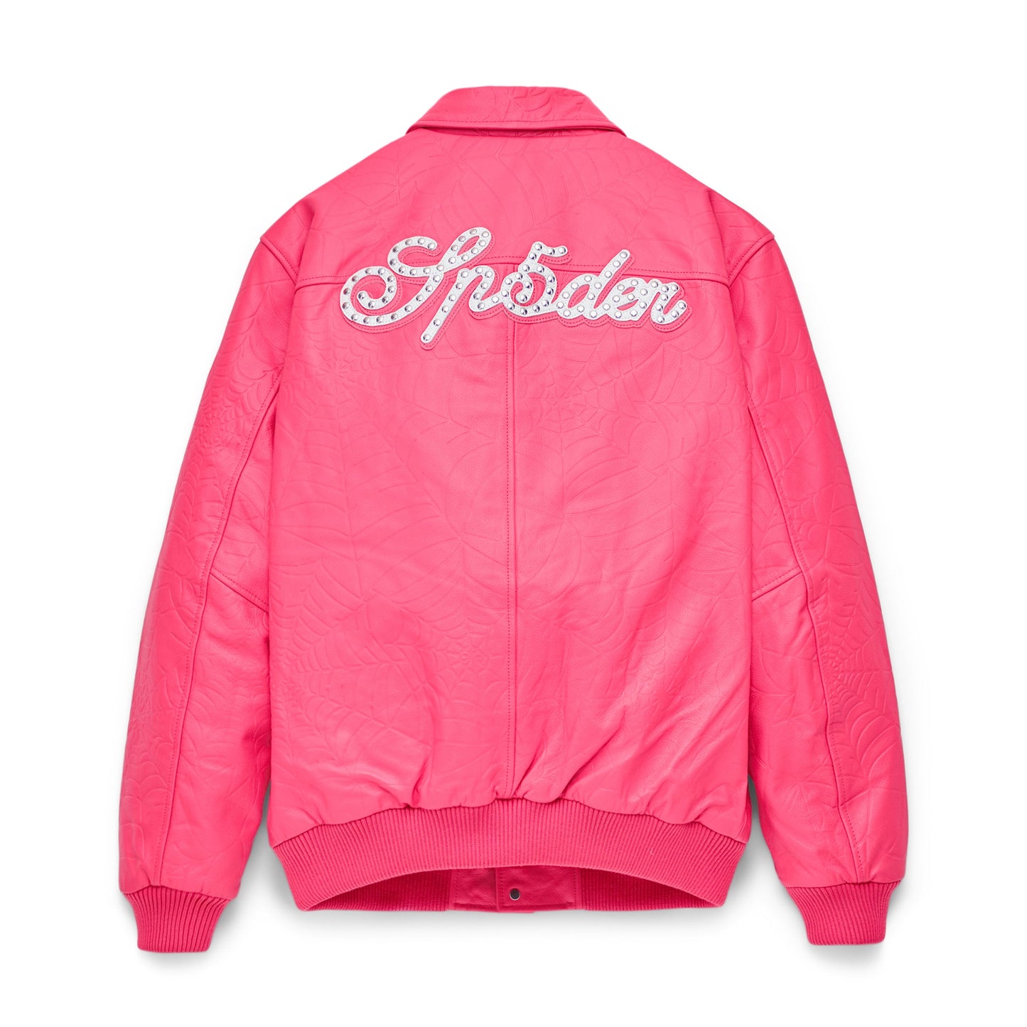 Back view of SP5DER Debossed Web Leather Jacket in Pink