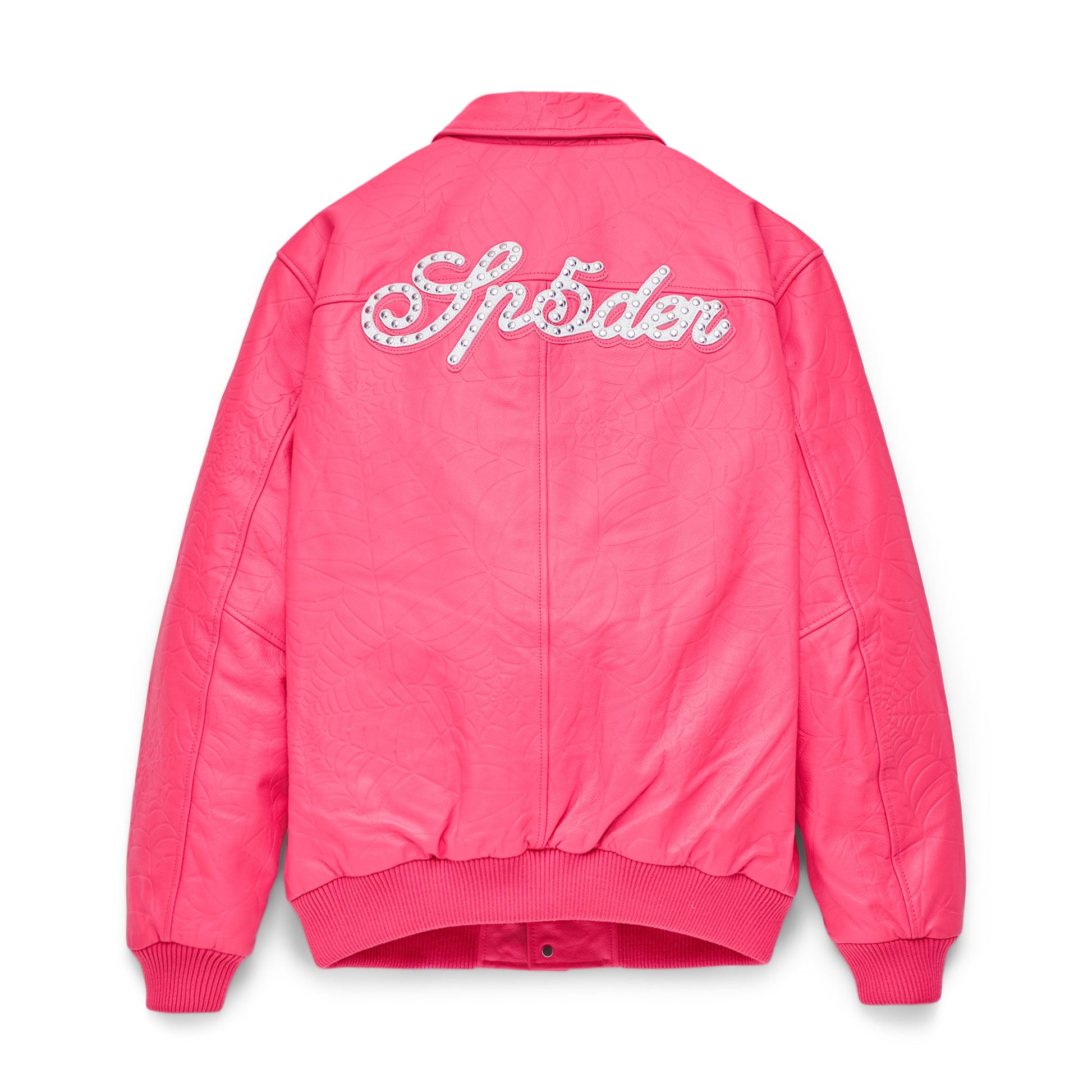 Back view of SP5DER Debossed Web Leather Jacket in Pink