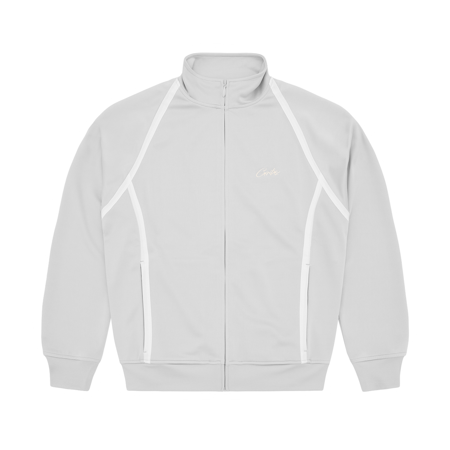 Corteiz Grey Poly Tricot Consigliere Track Jacket, front view showing Allstarz chest embroidery