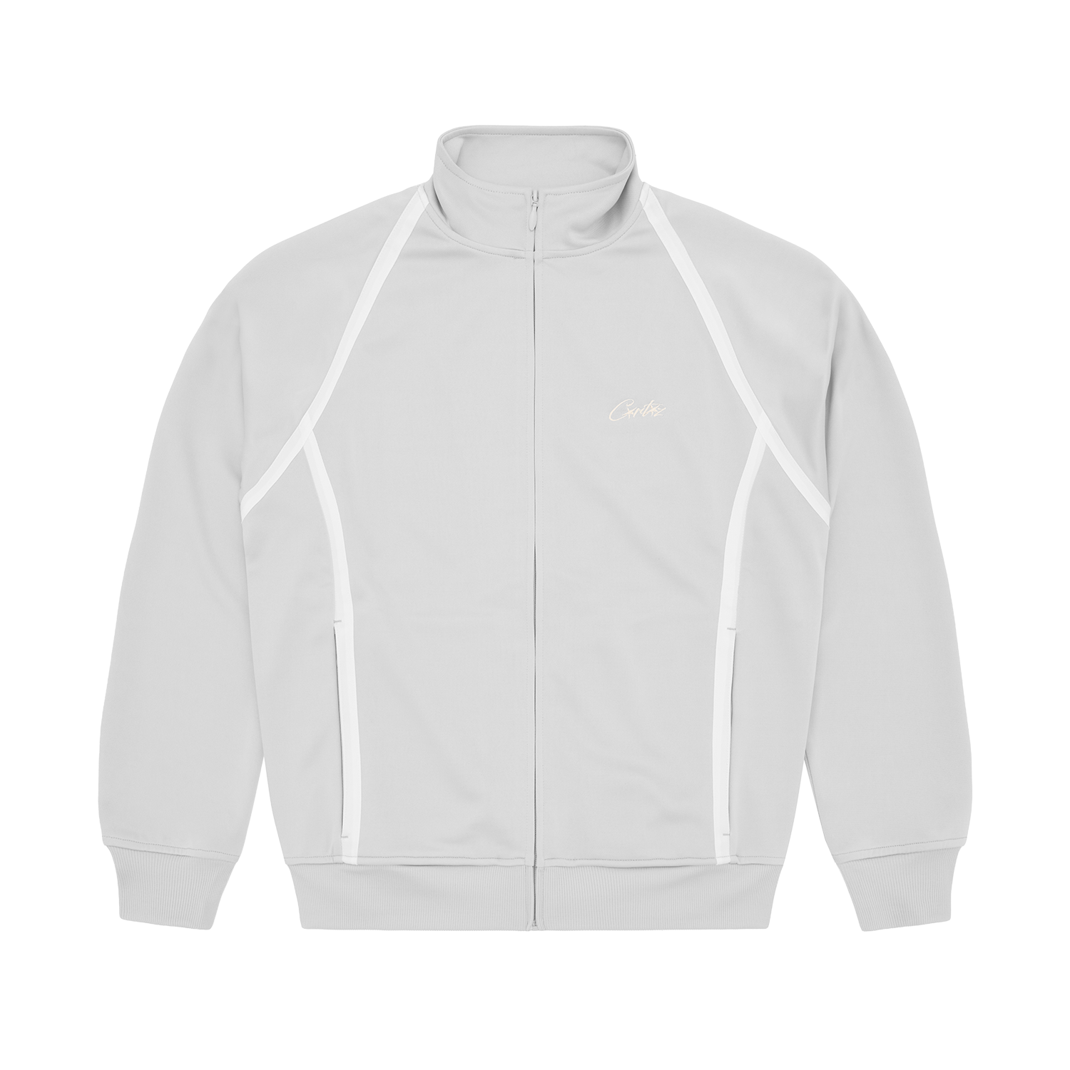 Corteiz Grey Poly Tricot Consigliere Track Jacket, front view showing Allstarz chest embroidery