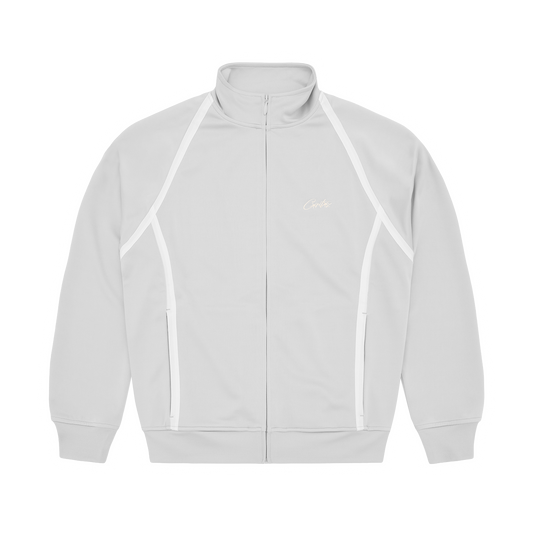 Corteiz Grey Poly Tricot Consigliere Track Jacket, front view showing Allstarz chest embroidery