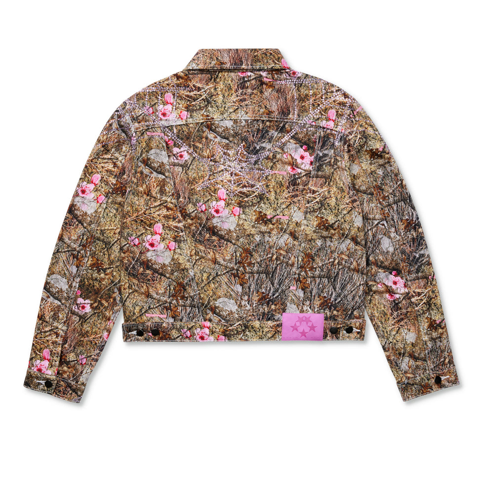 Back view of SP5DER Real Tree Trucker Jacket in Green