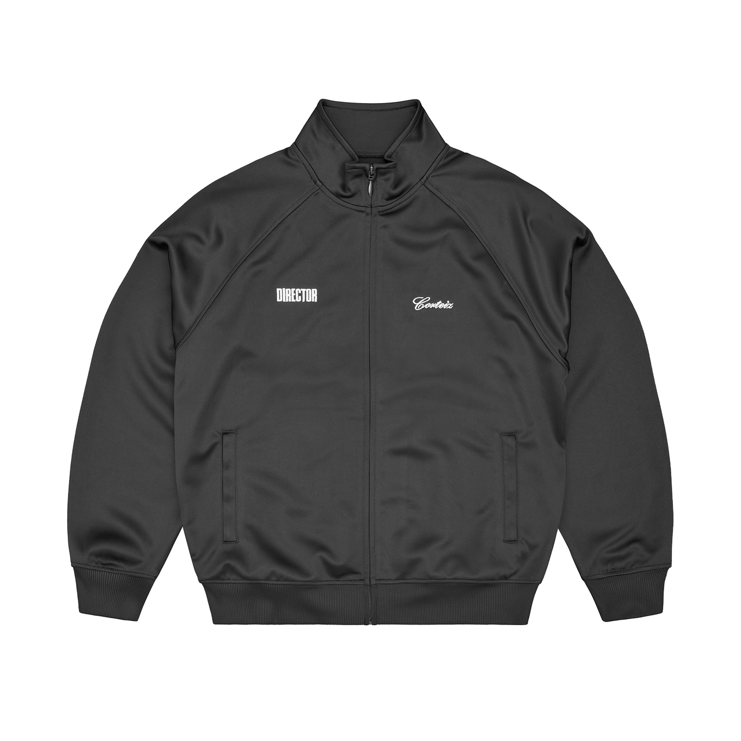 Corteiz Black Tricot Poly Gabriel Moses Track Jacket, back view showing Regina applique embroidery