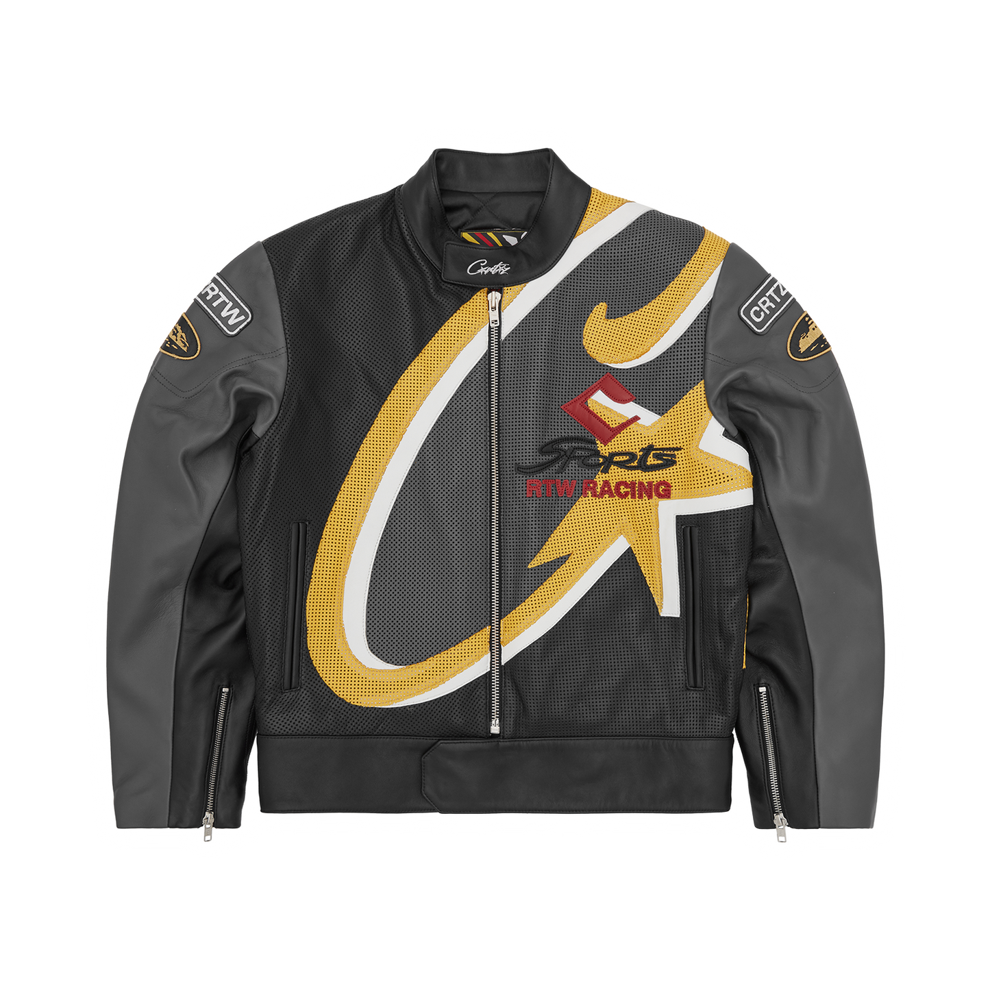 Corteiz Black Leather Skydive Velocity Racing Jacket, front view showing perforated leather body