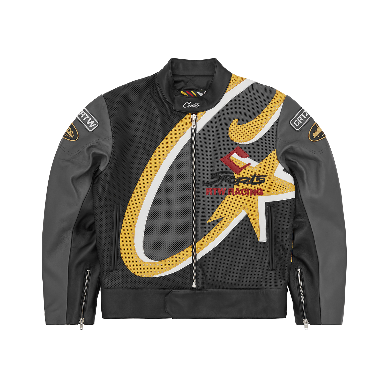 Corteiz Black Leather Skydive Velocity Racing Jacket, front view showing perforated leather body