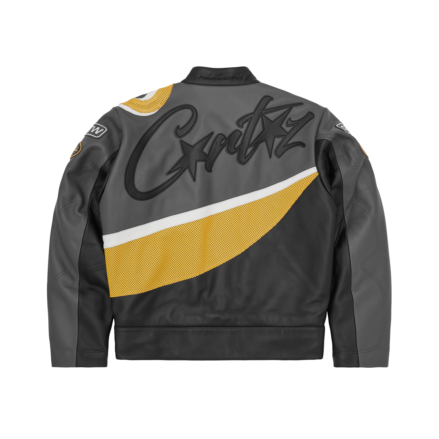 Corteiz Black Leather Skydive Velocity Racing Jacket, back view showing Rules The World embroidery