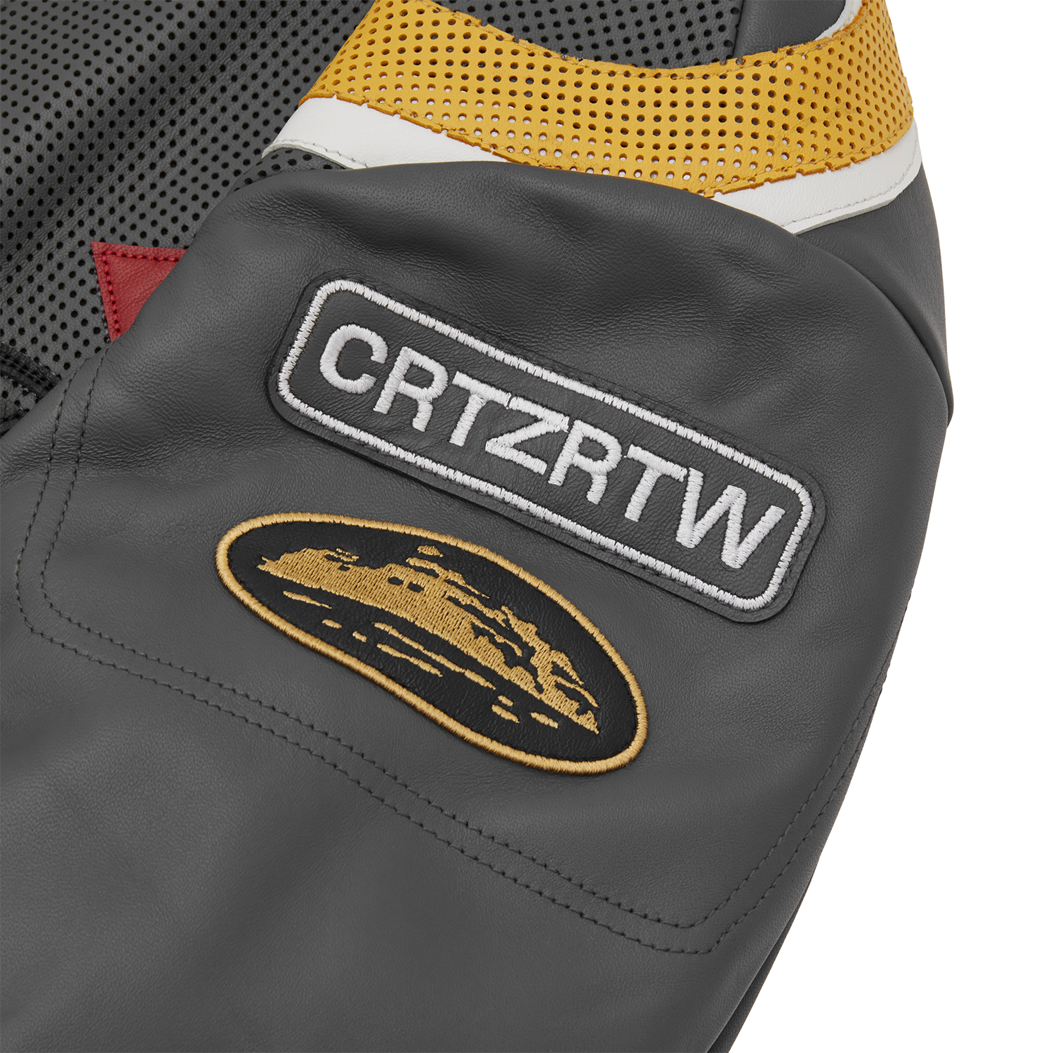 Corteiz Black Leather Skydive Velocity Racing Jacket, close-up of Allstarz collar tab with metal snap