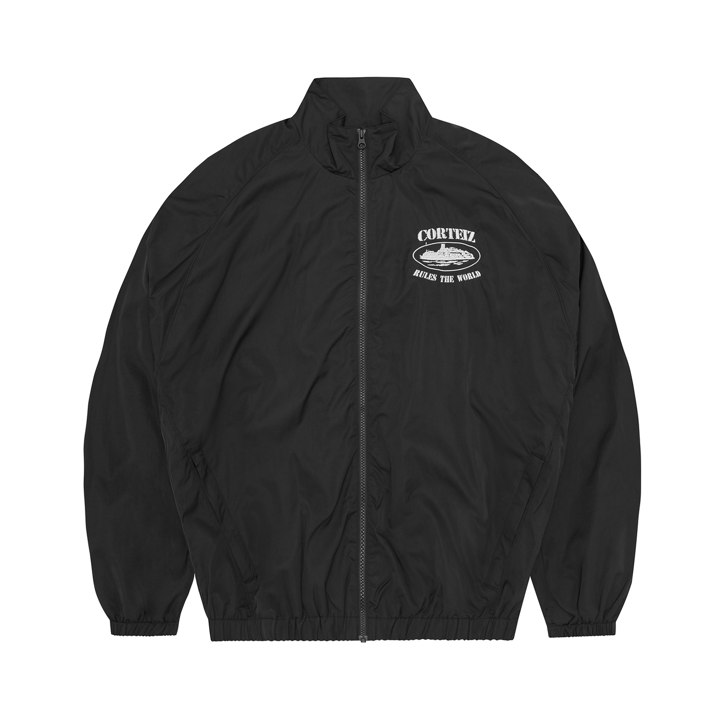 Corteiz Black Nylon OG Shuku Jacket, front view showing mesh panelling and raglan sleeves
