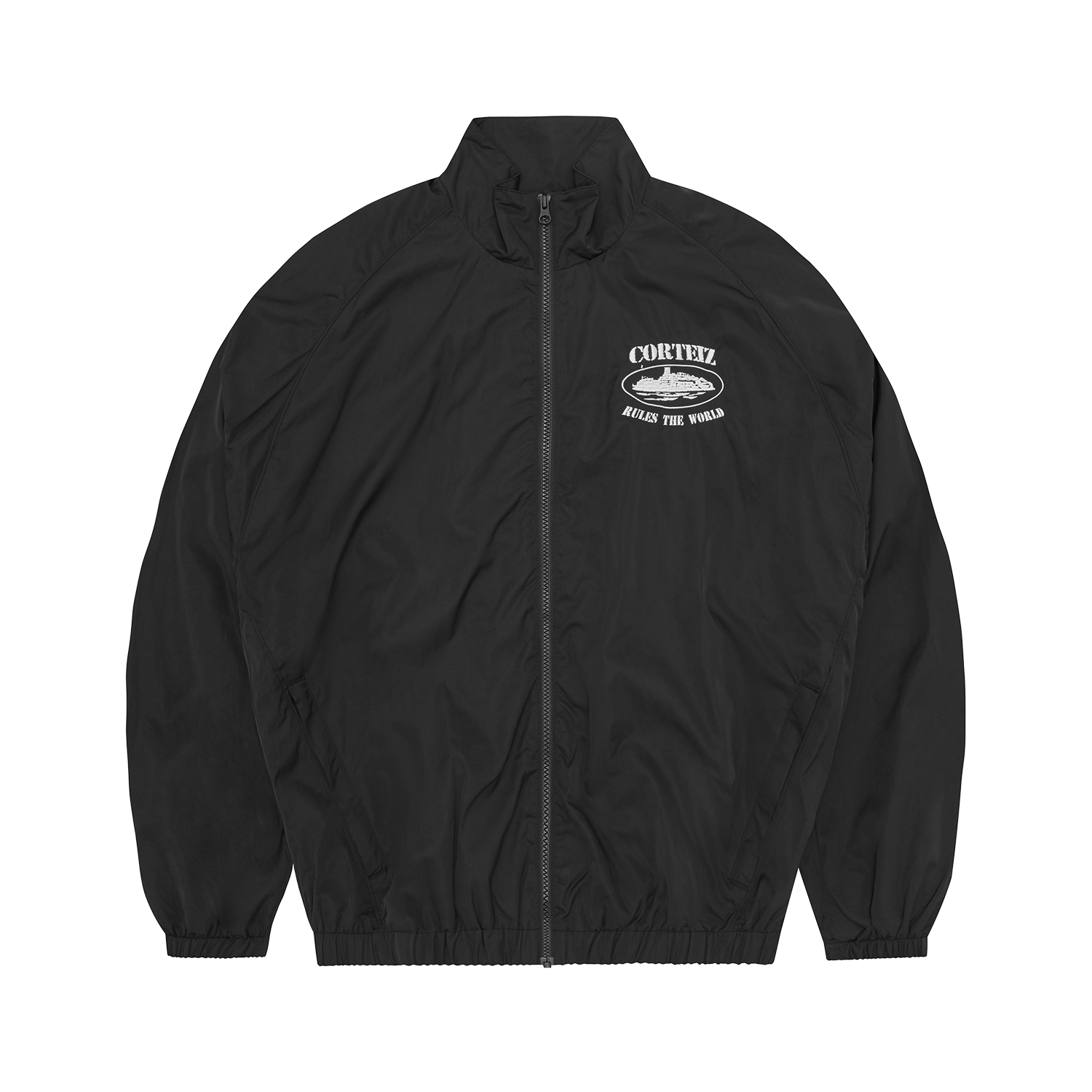 Corteiz Black Nylon OG Shuku Jacket, front view showing mesh panelling and raglan sleeves
