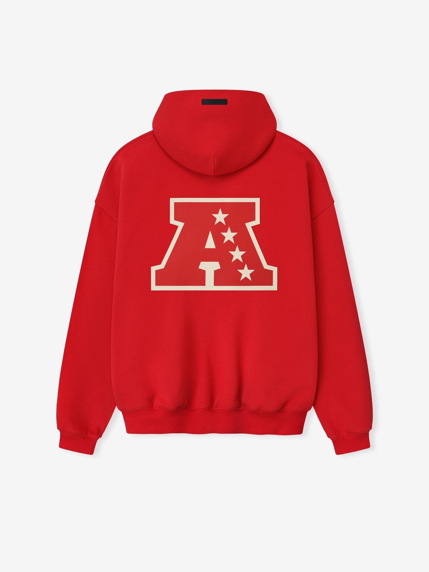 Red hoodie with a white logo on the back against a white background