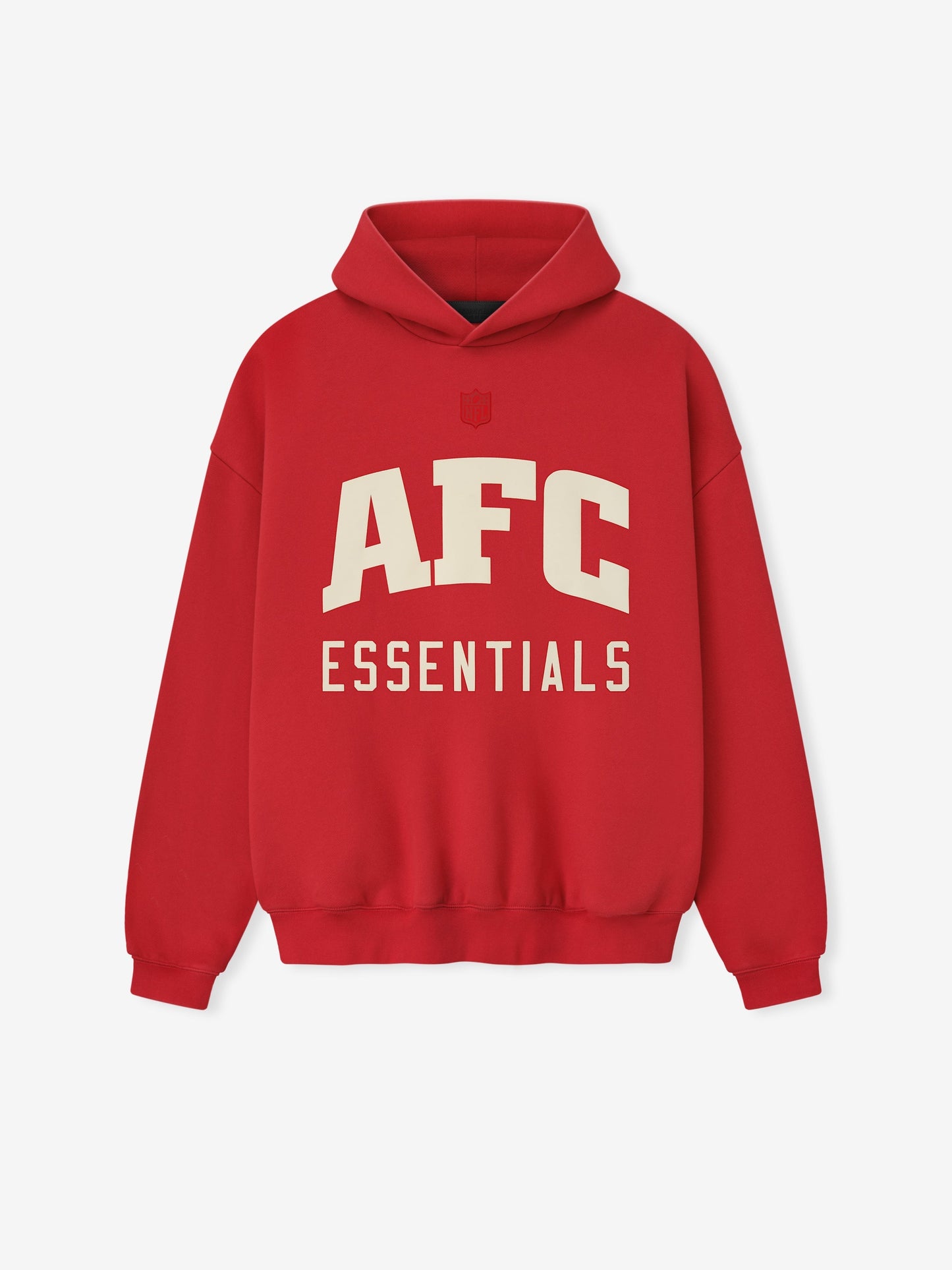 Red hoodie with 'AFC Essentials' text on a white background