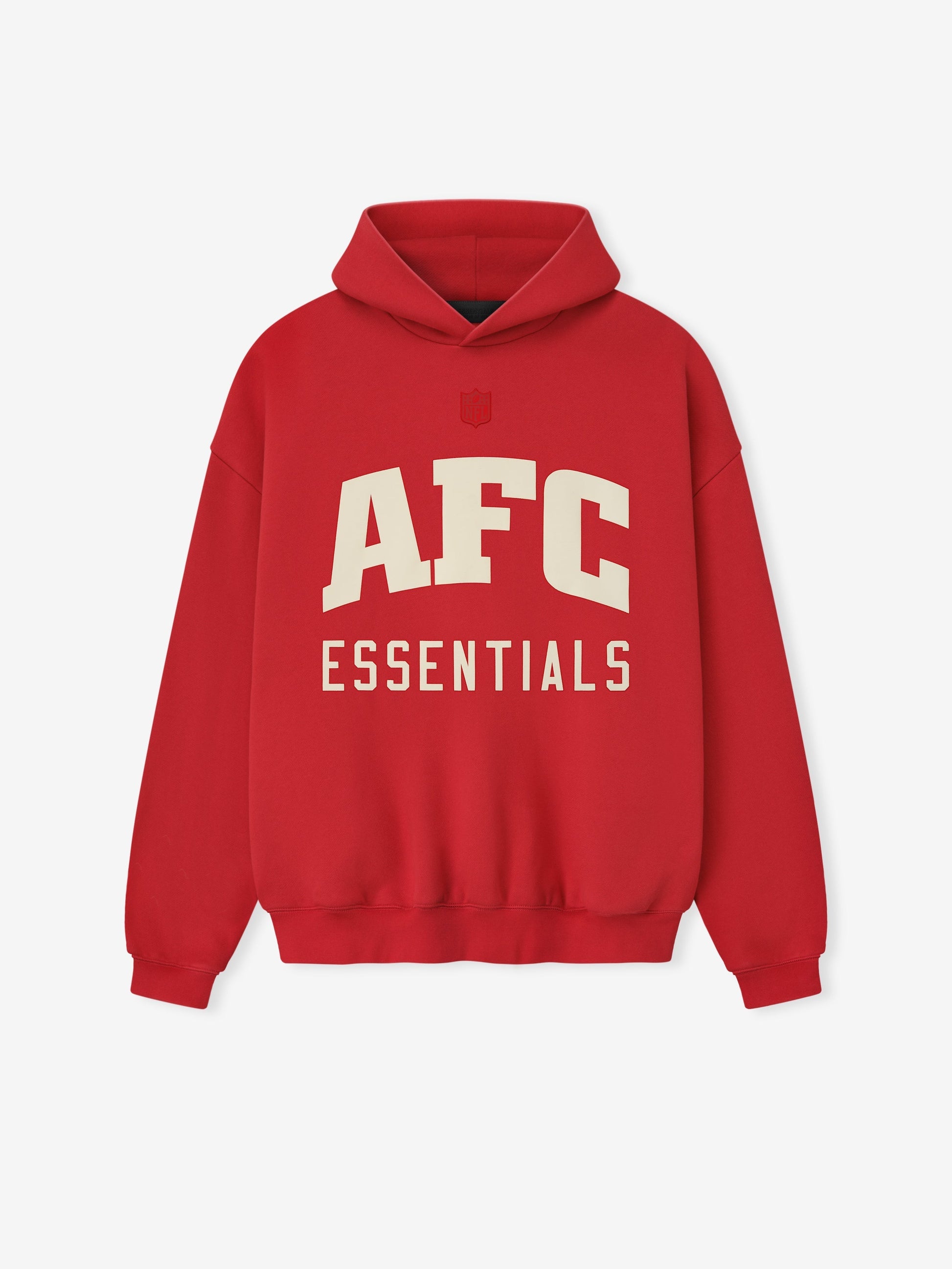 Red hoodie with 'AFC Essentials' text on a white background