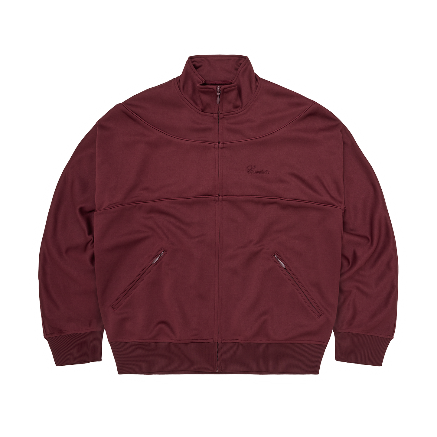 Corteiz Red Poly Tricot Speciale Track Jacket, Burgundy, front view showing script logo embroidery