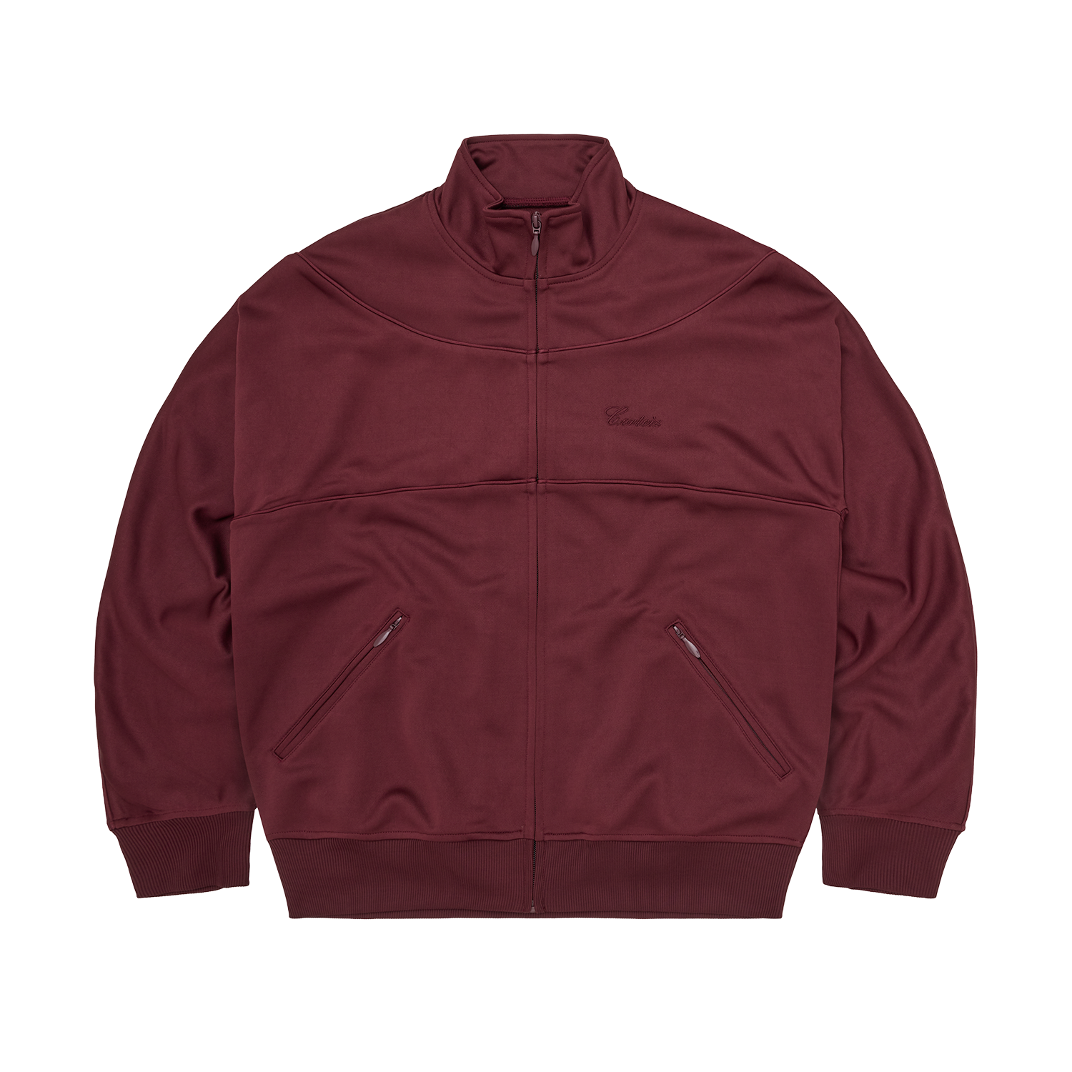 Corteiz Red Poly Tricot Speciale Track Jacket, Burgundy, front view showing script logo embroidery