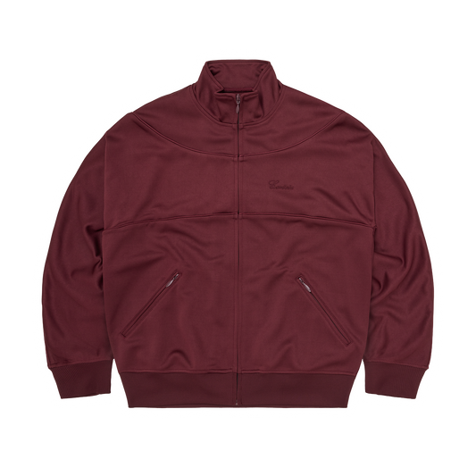 Corteiz Red Poly Tricot Speciale Track Jacket, Burgundy, front view showing script logo embroidery