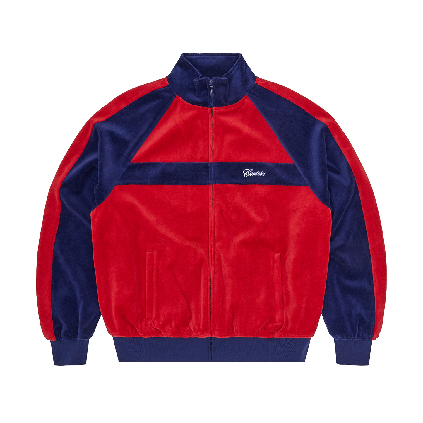 Corteiz Blue Cotton Velour Pista Track Jacket, Navy/Red, front view showing script logo embroidery