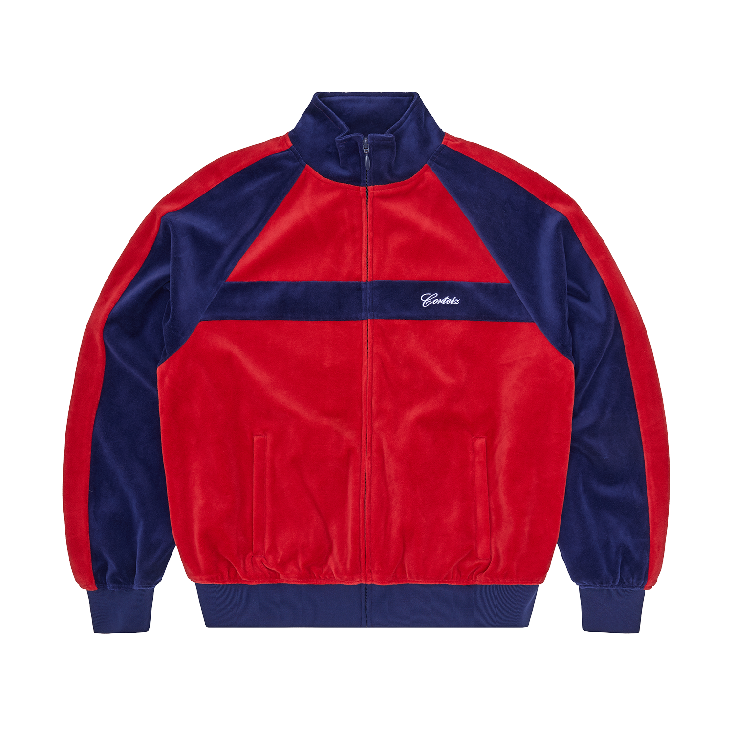 Corteiz Blue Cotton Velour Pista Track Jacket, Navy/Red, front view showing script logo embroidery
