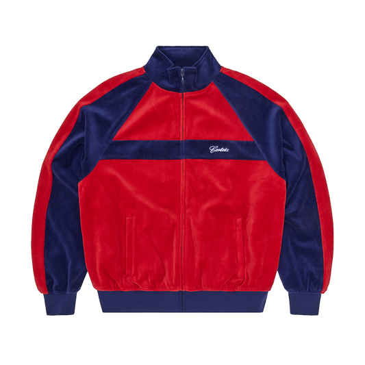 Corteiz Blue Cotton Velour Pista Track Jacket, Navy/Red, front view showing script logo embroidery