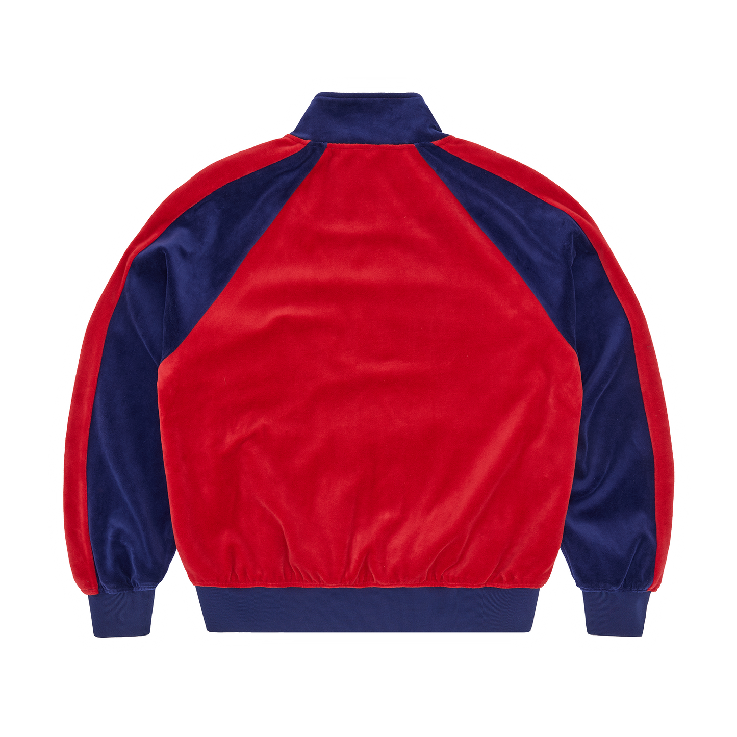 Corteiz Blue Cotton Velour Pista Track Jacket, Navy/Red, back view showing velour fabric texture