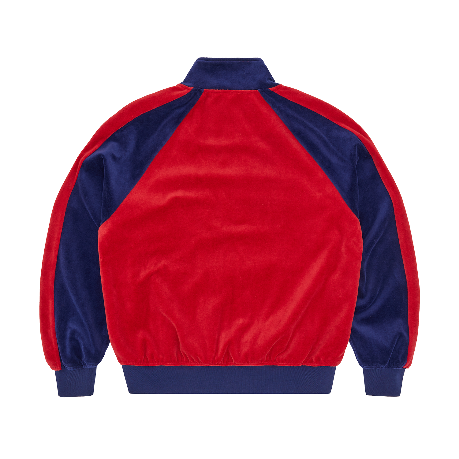 Corteiz Blue Cotton Velour Pista Track Jacket, Navy/Red, back view showing velour fabric texture